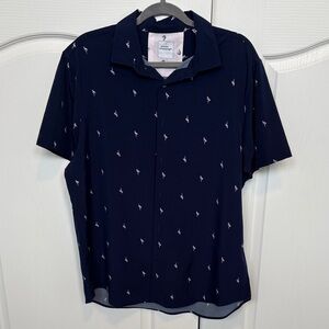 Express Men’s Navy Short Sleeve Button-Up Shirt with Light Pink Micro Motif